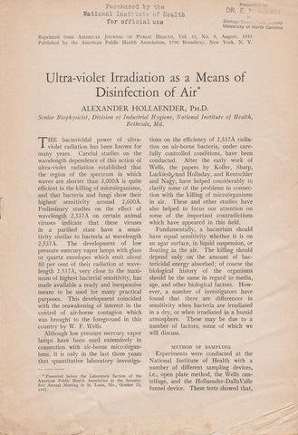 Ultra-violet Irradiation as a Means of Disinfection of Air