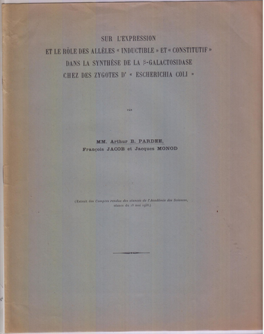 Sur l'expression et le role des alleles inductible et constitutif dans la synthese de la beta-galactosidase chez des zygotes d'Escherichia coli