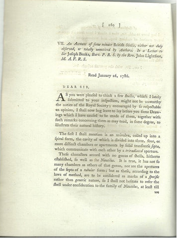 An Account of Some Minute British Shells, Either not Duly Observed, or Totally Unnoticed by Authors. In a Letter to Sir Joseph Banks, Bart. P. R. S. by the Rev. John Lightfoot, M. A. F. R. S.